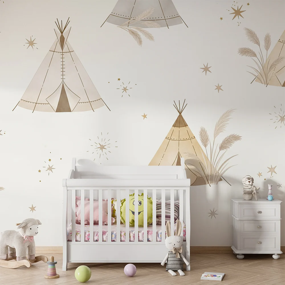 Nursery room wallpaper | Soft tipis and stars pastel atmosphere