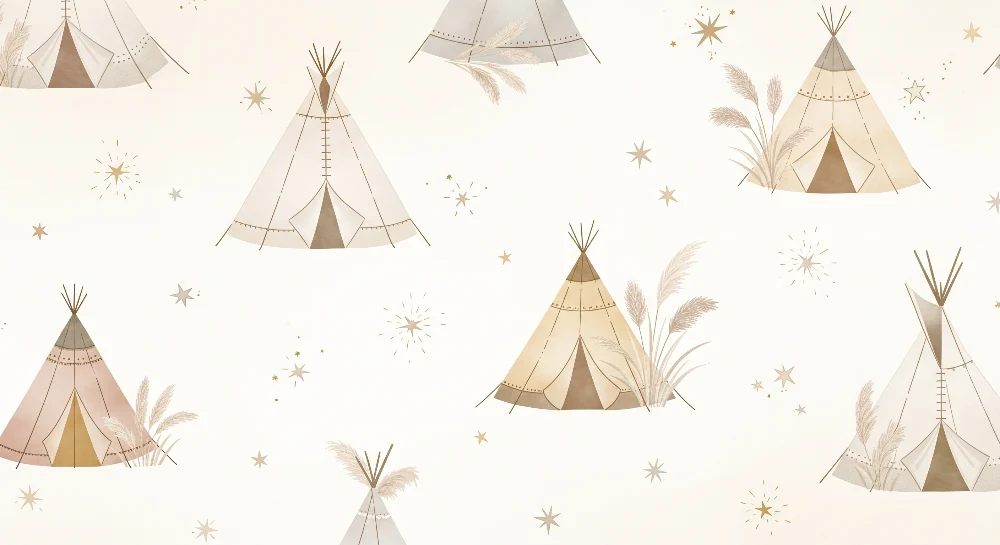 Nursery room wallpaper | Soft tipis and stars pastel atmosphere