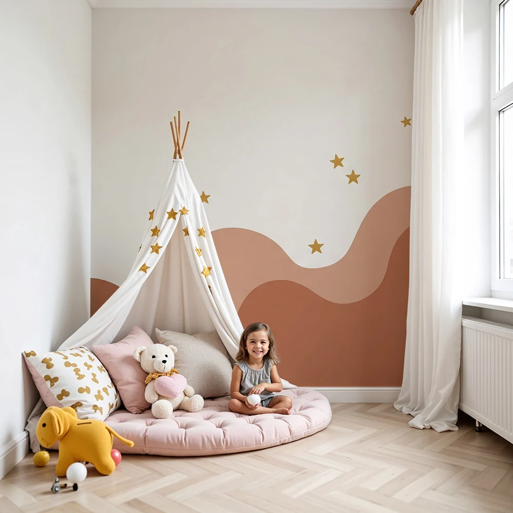 Nursery room wallpaper | Soft waves and golden stars on light background