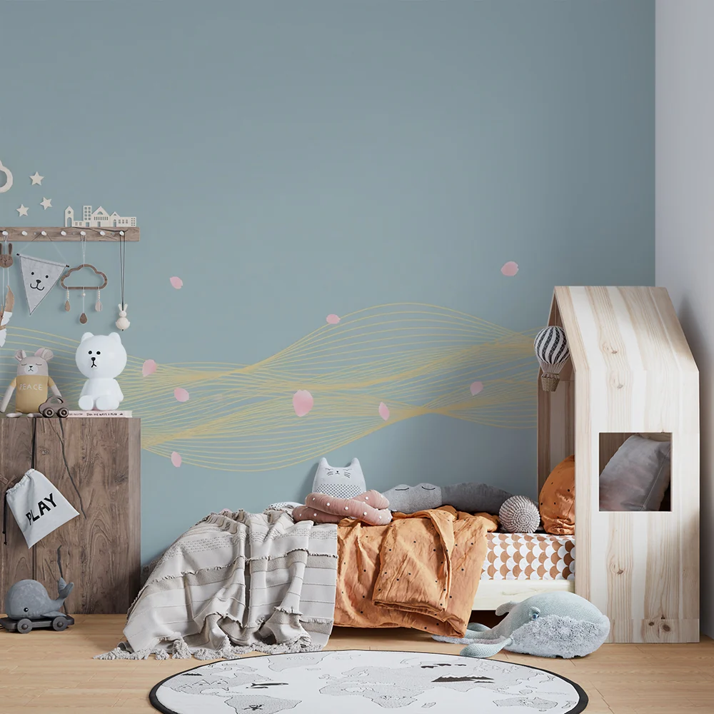 Nursery room wallpaper | Soft waves and pink petals on blue background