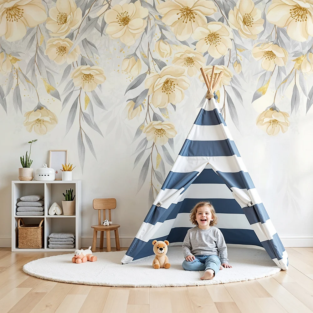 Nursery room wallpaper | Sárga lehulló virágok és pasztell árnyalatú levelek