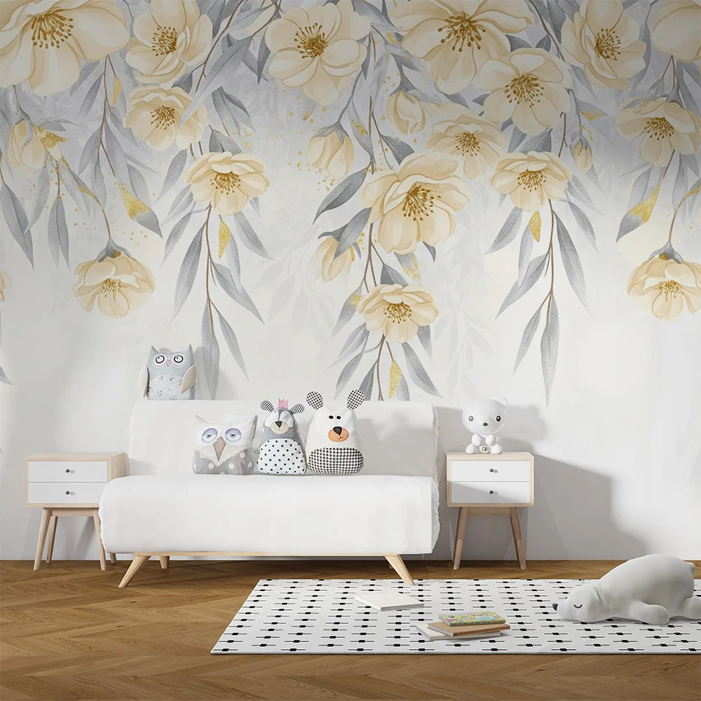 Nursery room wallpaper | Sárga lehulló virágok és pasztell árnyalatú levelek