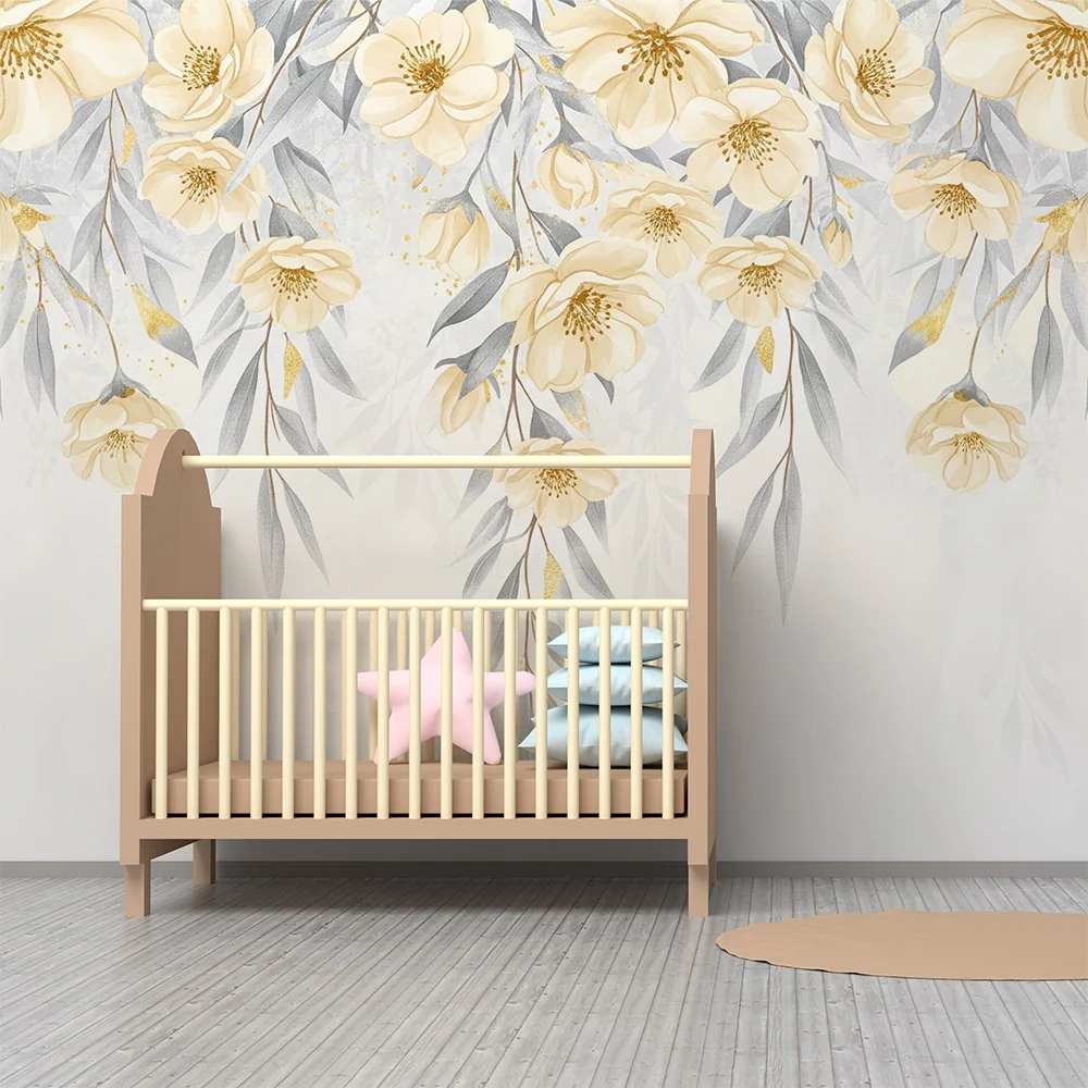 Nursery room wallpaper | Sárga lehulló virágok és pasztell árnyalatú levelek