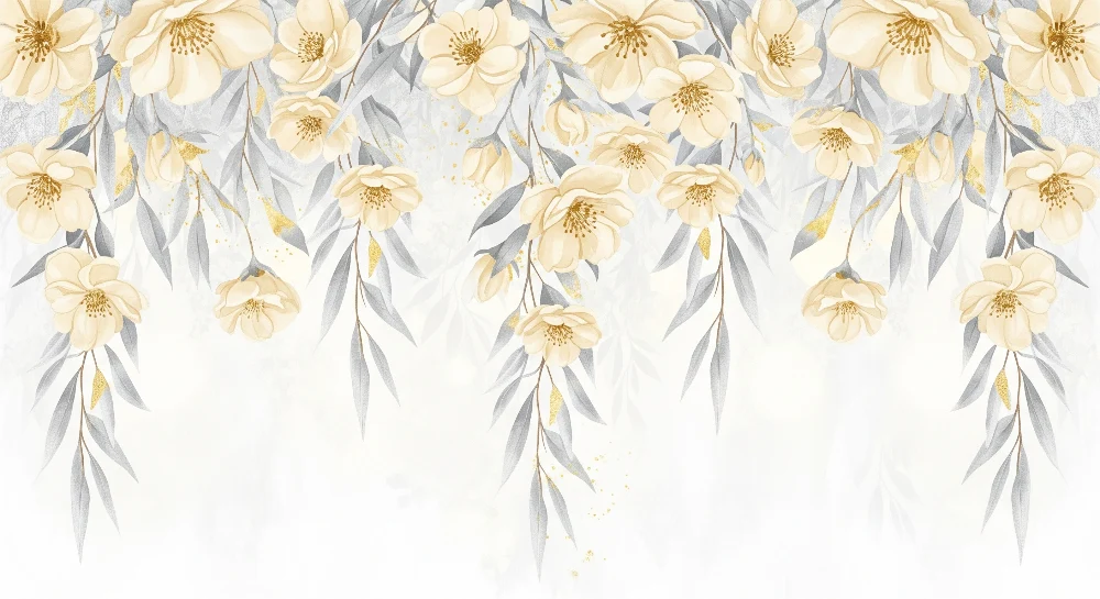 Nursery room wallpaper | Sárga lehulló virágok és pasztell árnyalatú levelek
