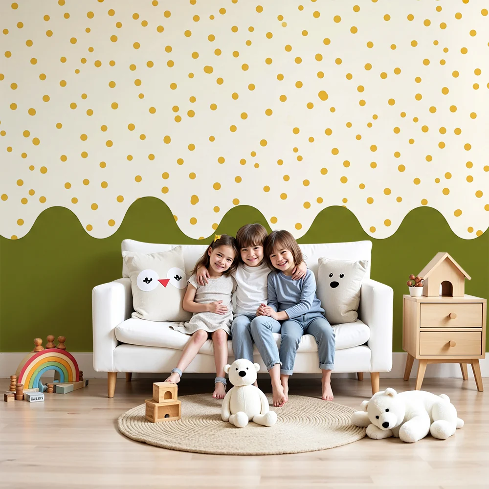 Nursery room wallpaper | Sárga pöttyök krémszínű alapon zöld hullámokkal