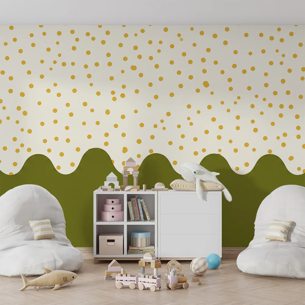 Nursery room wallpaper | Sárga pöttyök krémszínű alapon zöld hullámokkal
