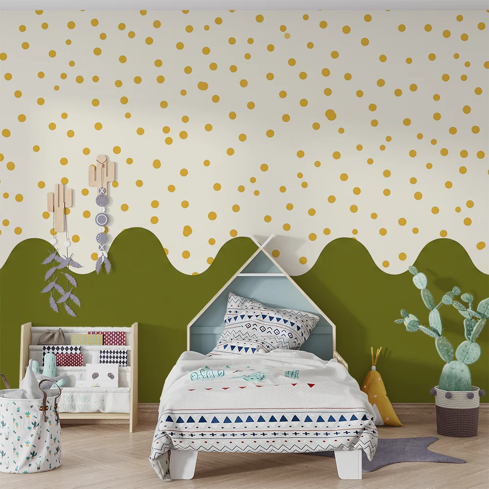 Nursery room wallpaper | Sárga pöttyök krémszínű alapon zöld hullámokkal