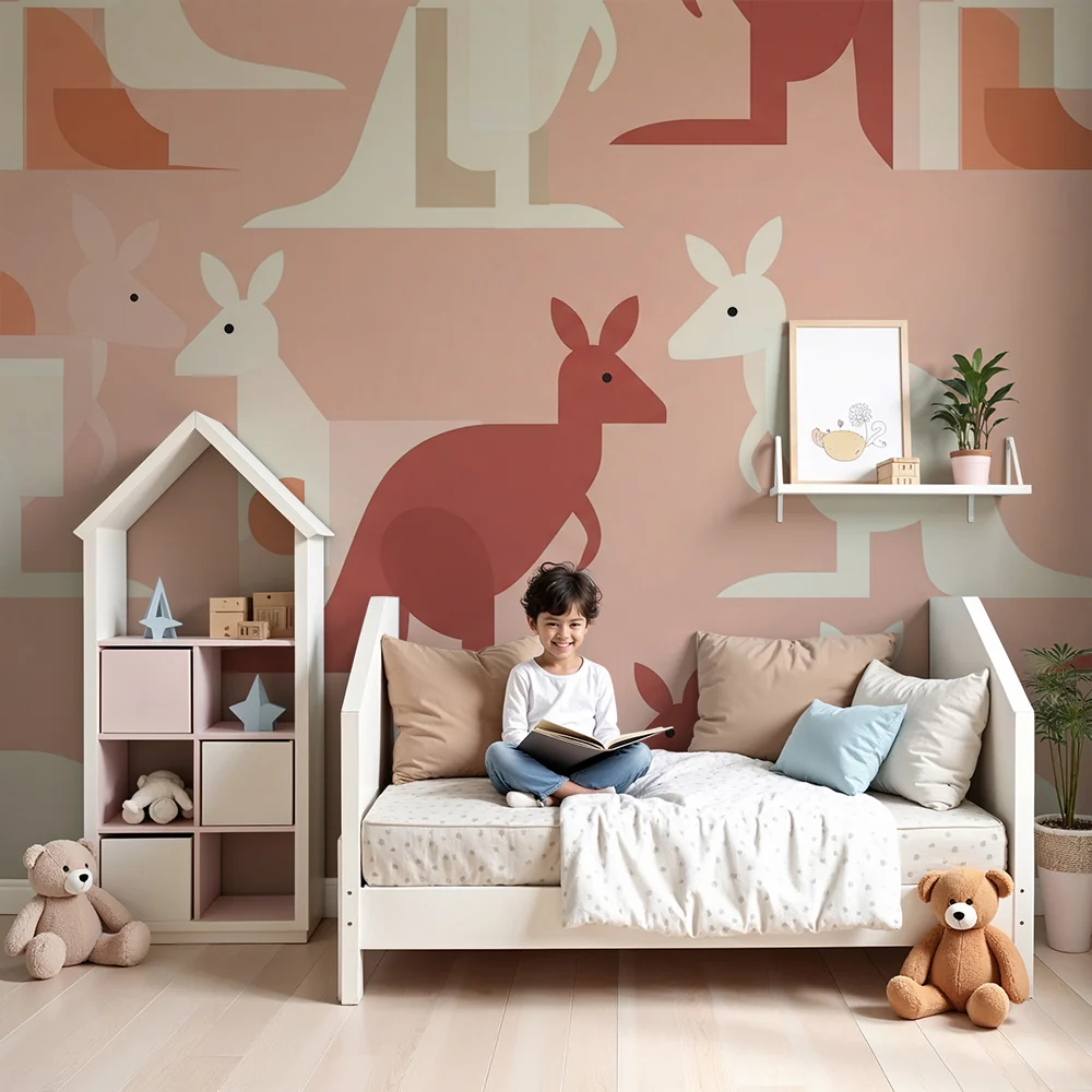 Nursery room wallpaper | Stilizált kenguruk puha rózsaszín háttéren