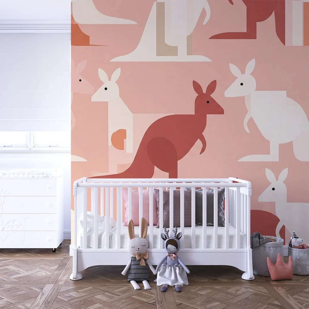 Nursery room wallpaper | Stilizált kenguruk puha rózsaszín háttéren