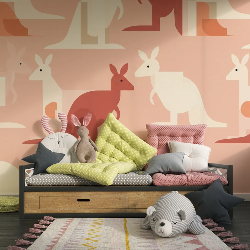 Nursery room wallpaper | Stilizált kenguruk puha rózsaszín háttéren