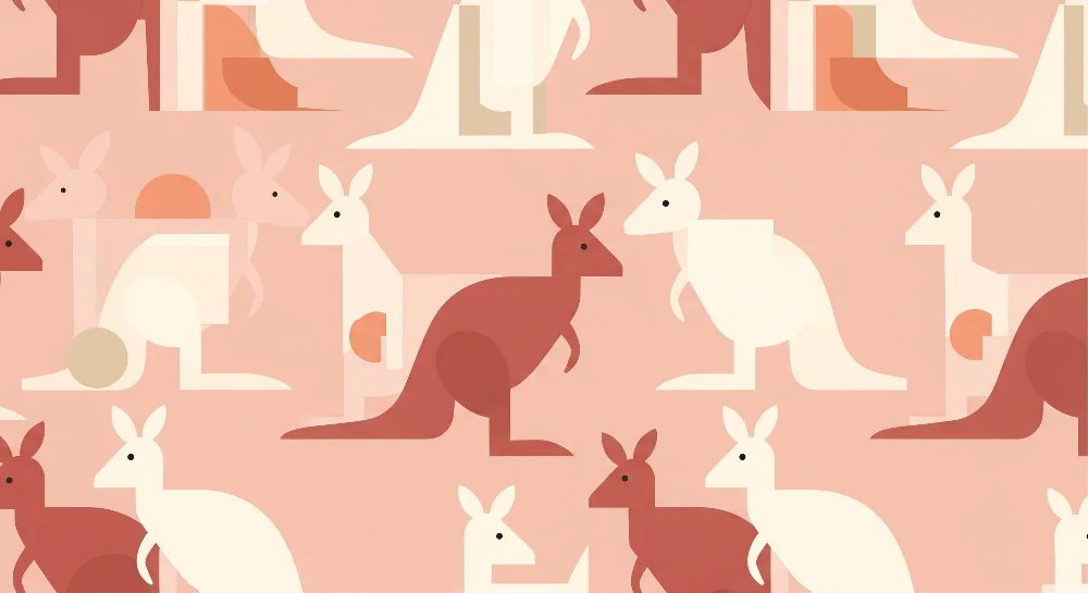Nursery room wallpaper | Stilizált kenguruk puha rózsaszín háttéren