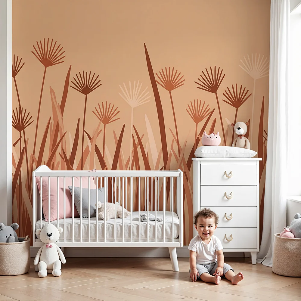 Nursery room wallpaper | Stilizált virágmező terrakotta árnyalatokban