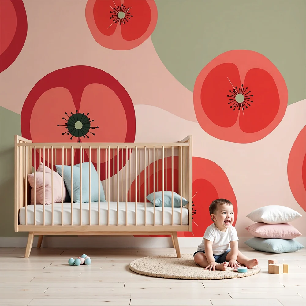 Nursery room wallpaper | Stylized flowers red and pastel green