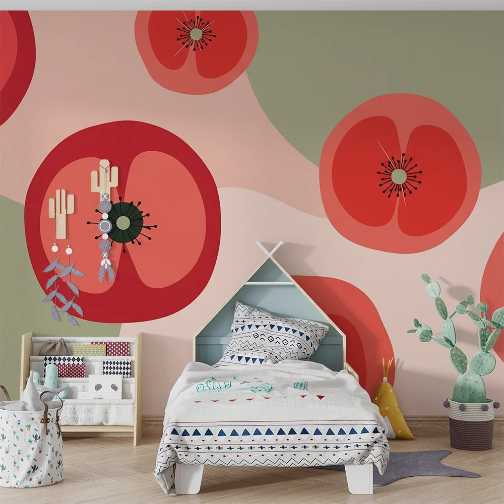 Nursery room wallpaper | Stylized flowers red and pastel green