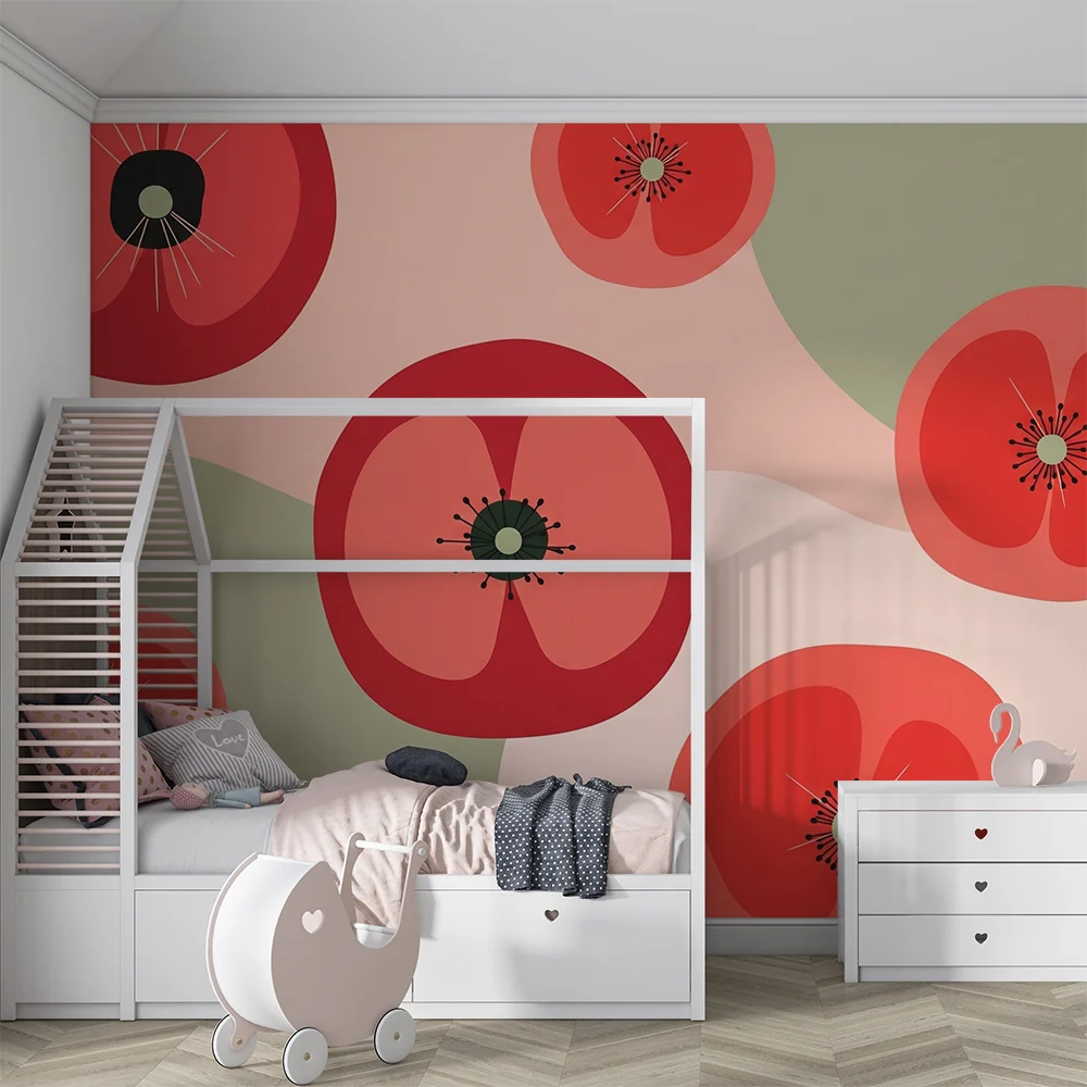 Nursery room wallpaper | Stylized flowers red and pastel green
