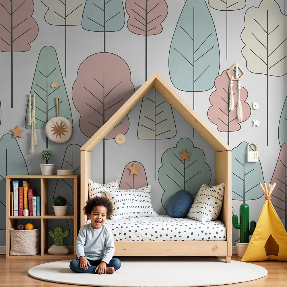 Nursery room wallpaper | Stylized leaves pastel tones