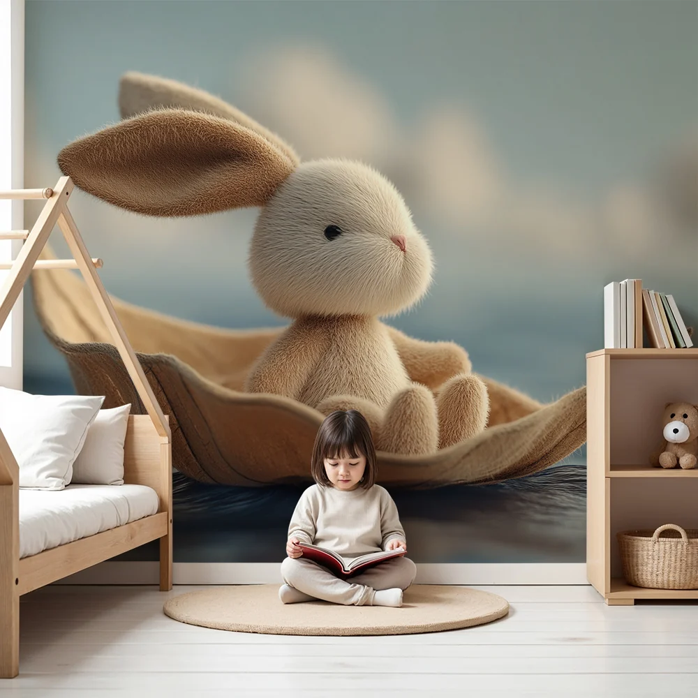 Nursery room wallpaper | Sweet bunny on boat on peaceful sea