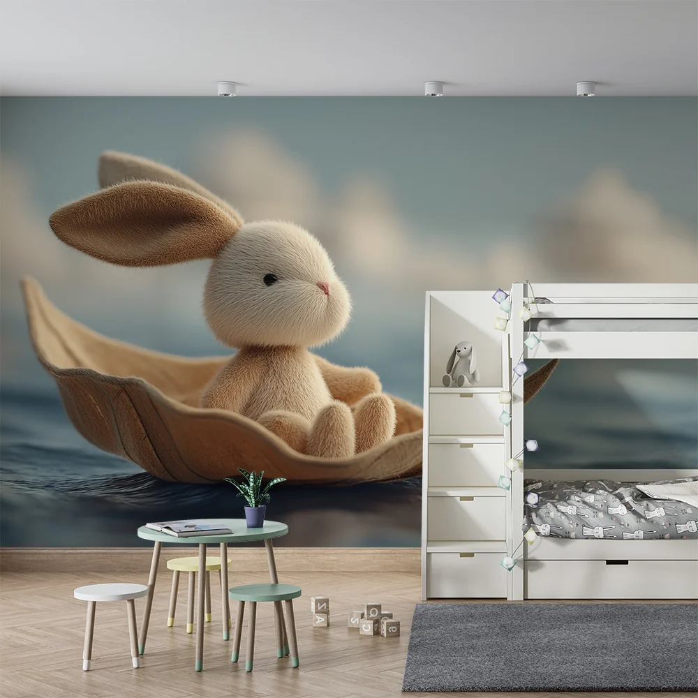 Nursery room wallpaper | Sweet bunny on boat on peaceful sea
