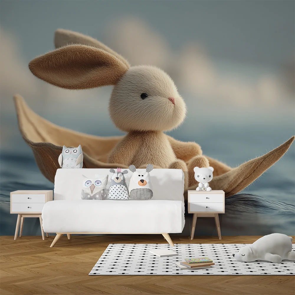 Nursery room wallpaper | Sweet bunny on boat on peaceful sea