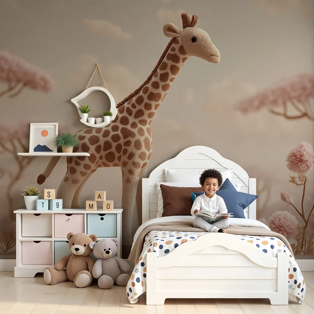 Nursery room wallpaper | Sweet giraffe and pastel floral landscape