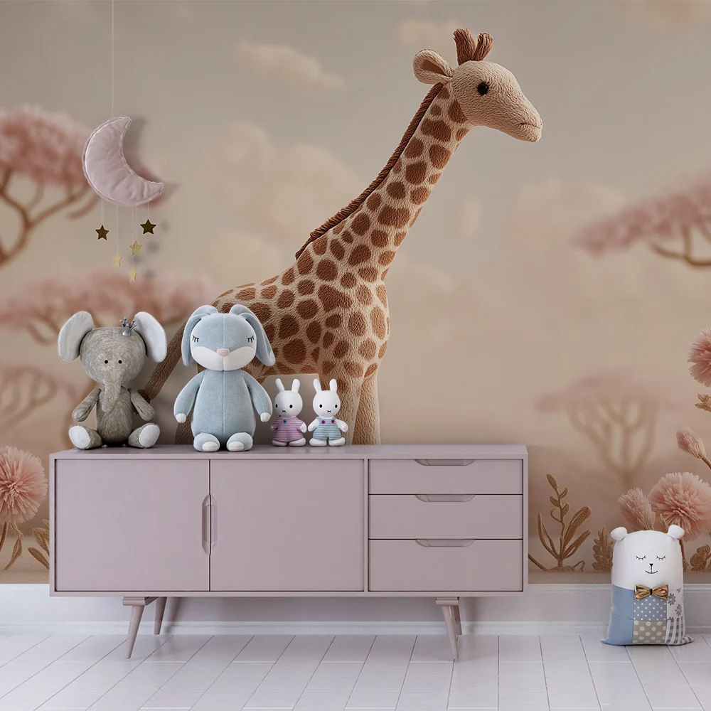 Nursery room wallpaper | Sweet giraffe and pastel floral landscape