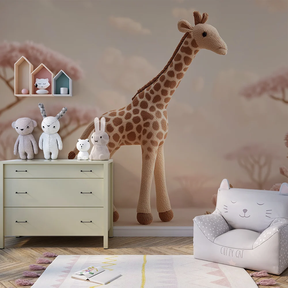 Nursery room wallpaper | Sweet giraffe and pastel floral landscape