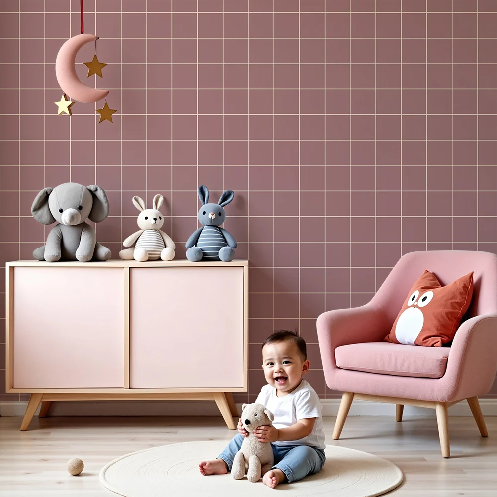 Nursery room wallpaper | Sweet pink checkered pattern white lines