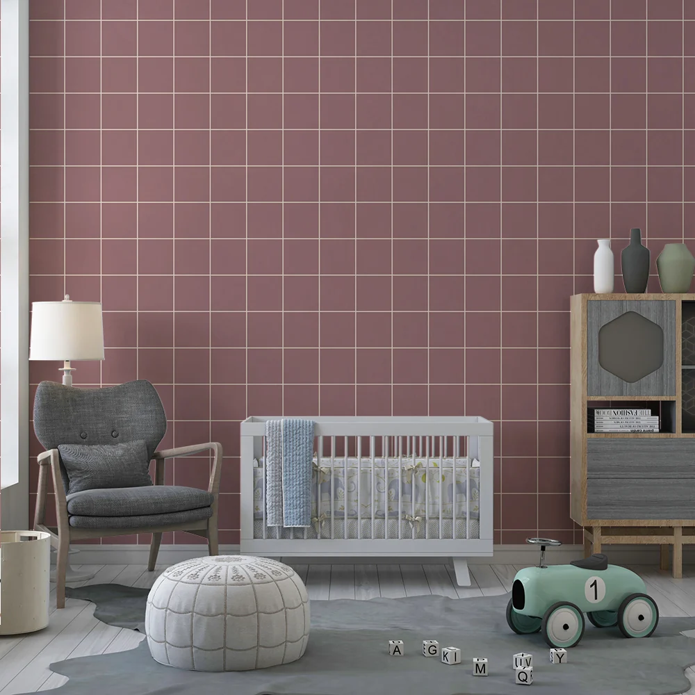 Nursery room wallpaper | Sweet pink checkered pattern white lines