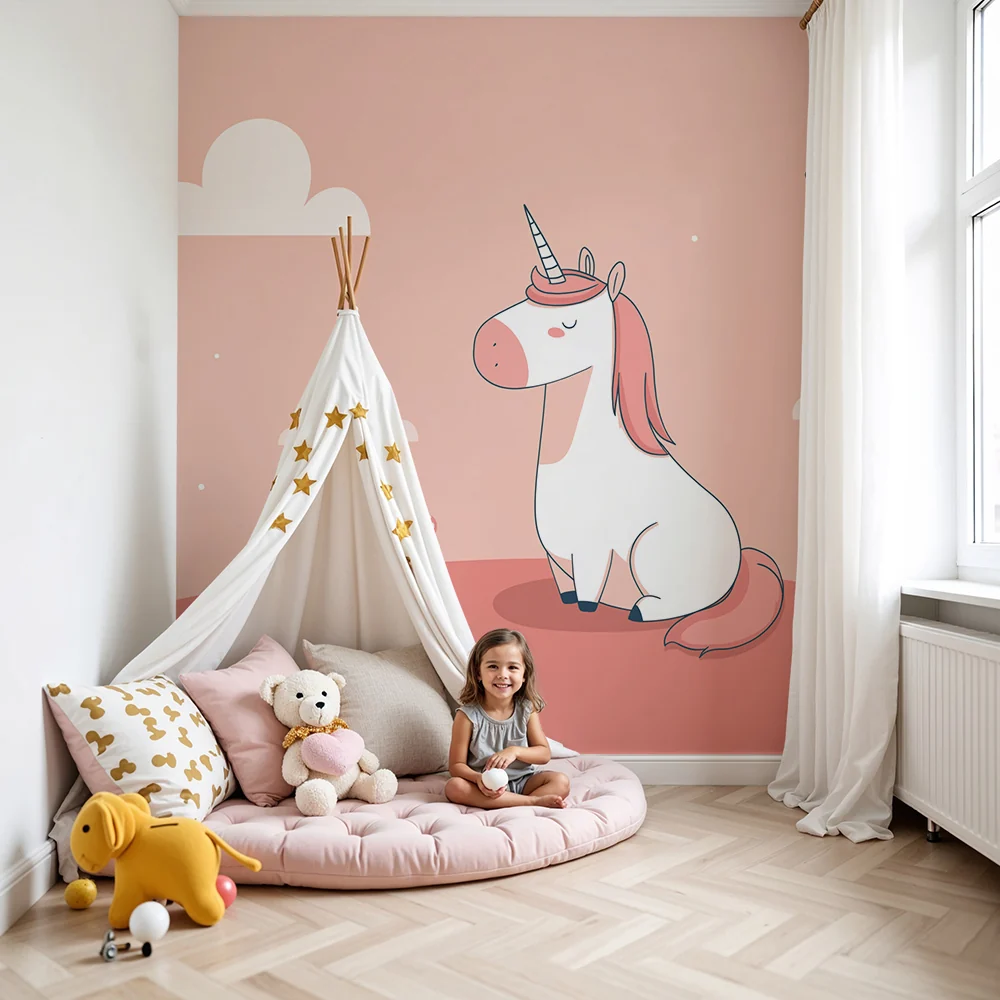 Nursery room wallpaper | Sweet unicorn on pink background clouds