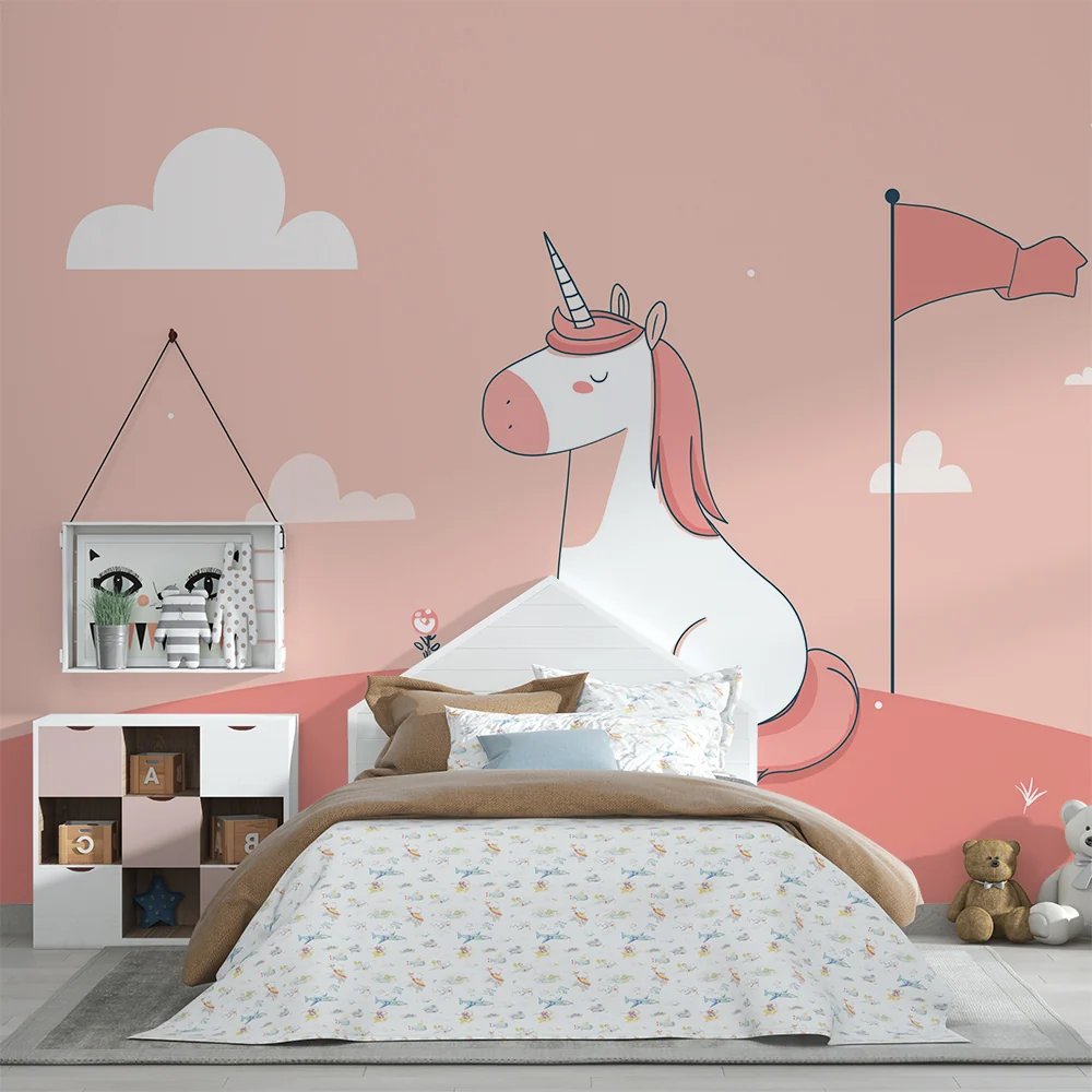 Nursery room wallpaper | Sweet unicorn on pink background clouds