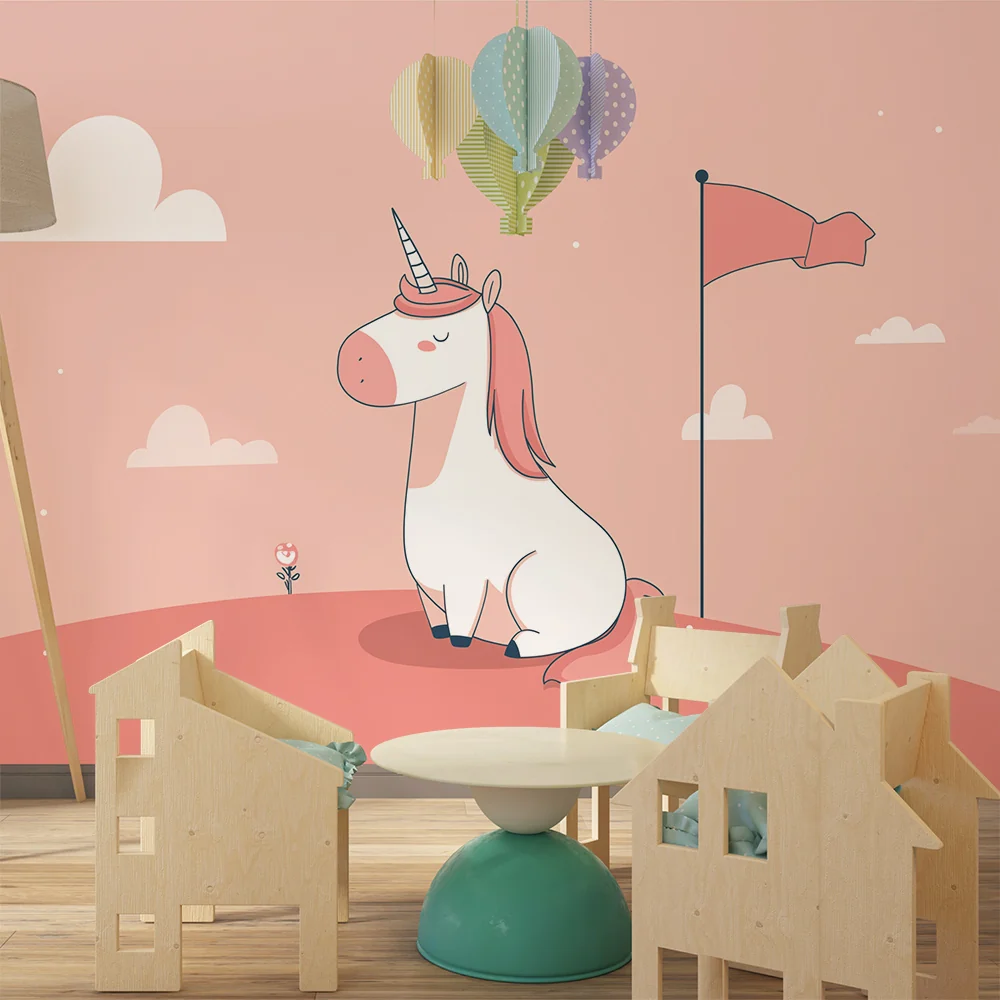 Nursery room wallpaper | Sweet unicorn on pink background clouds