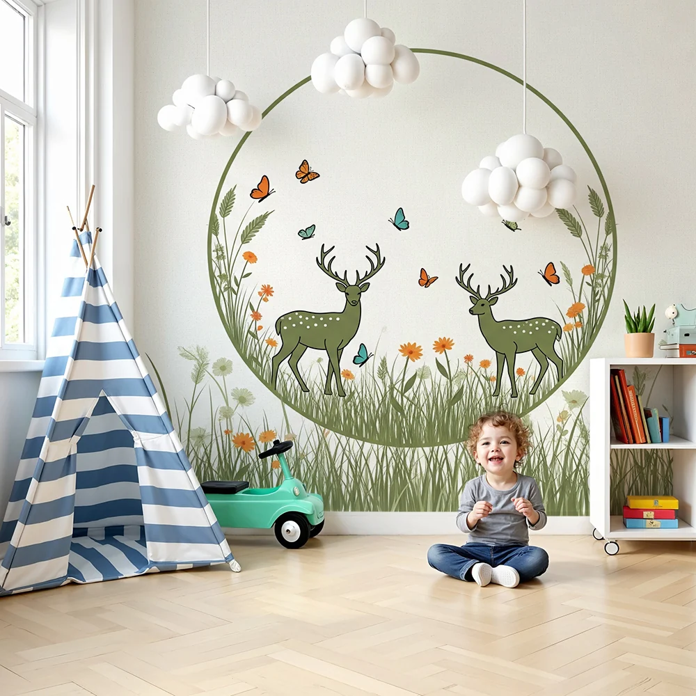 Nursery room wallpaper | Szarvasok virágos mezőn színes pillangókkal