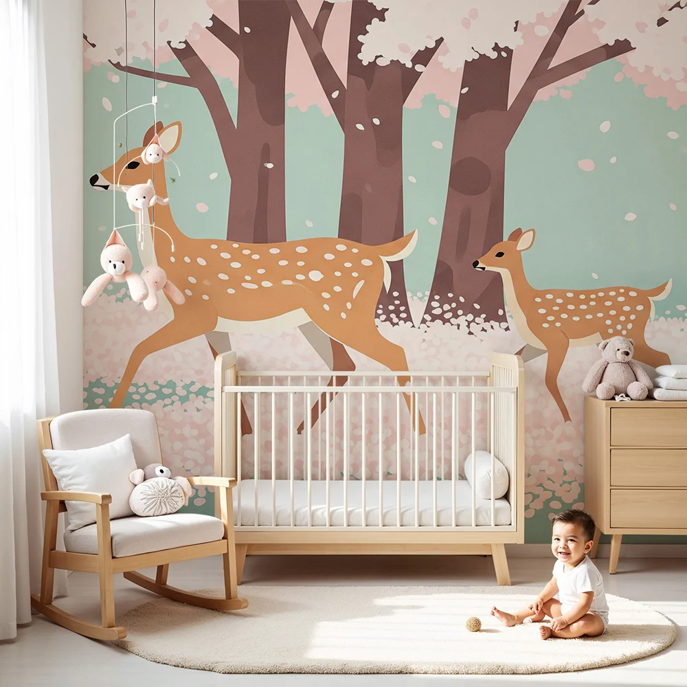 Nursery room wallpaper | Szarvasok és virágzó cseresznyefák egy nyugtató tájban