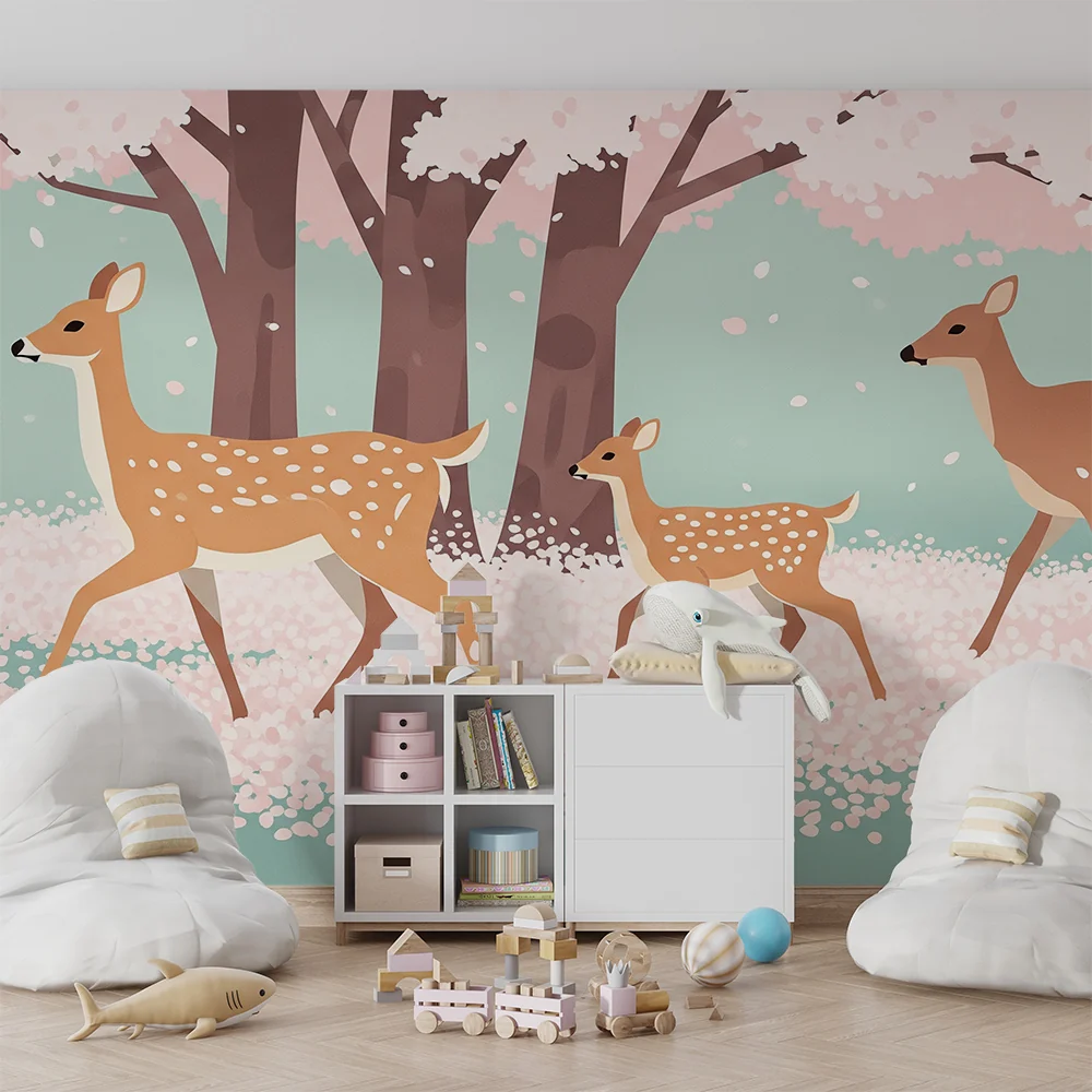 Nursery room wallpaper | Szarvasok és virágzó cseresznyefák egy nyugtató tájban