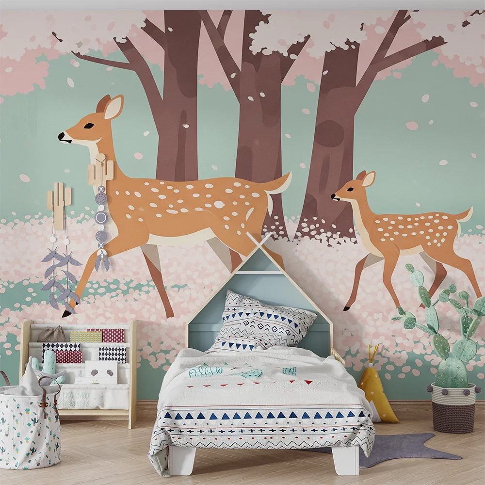 Nursery room wallpaper | Szarvasok és virágzó cseresznyefák egy nyugtató tájban