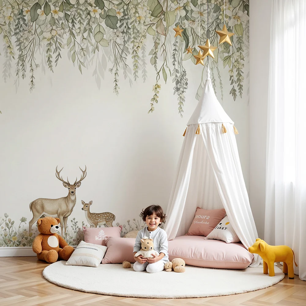 Nursery room wallpaper | Szarvasok és őzek egy virágos mező közepén
