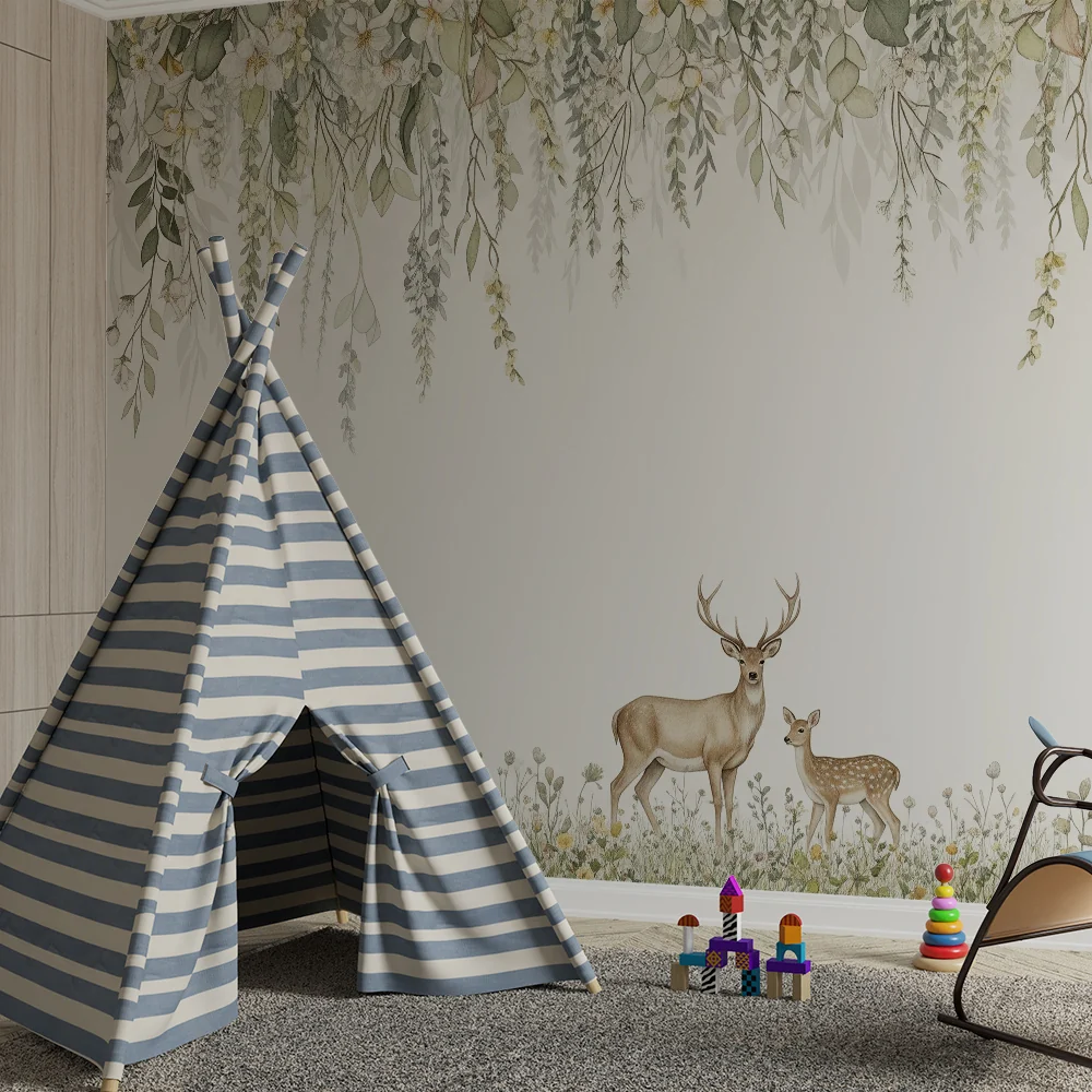 Nursery room wallpaper | Szarvasok és őzek egy virágos mező közepén