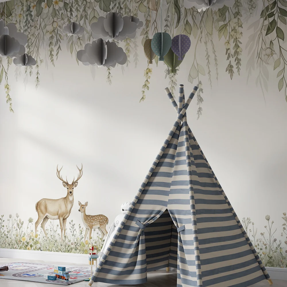 Nursery room wallpaper | Szarvasok és őzek egy virágos mező közepén