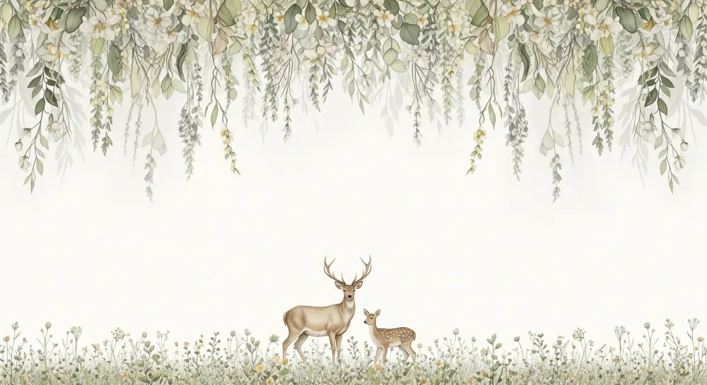 Nursery room wallpaper | Szarvasok és őzek egy virágos mező közepén
