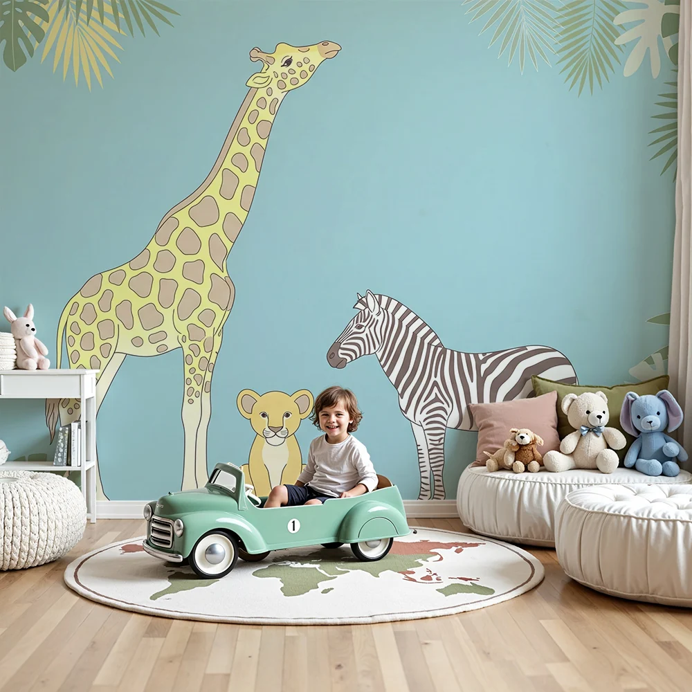 Nursery room wallpaper | Szavanna állatok giraffal, oroszlánkölyökkel és zebrával
