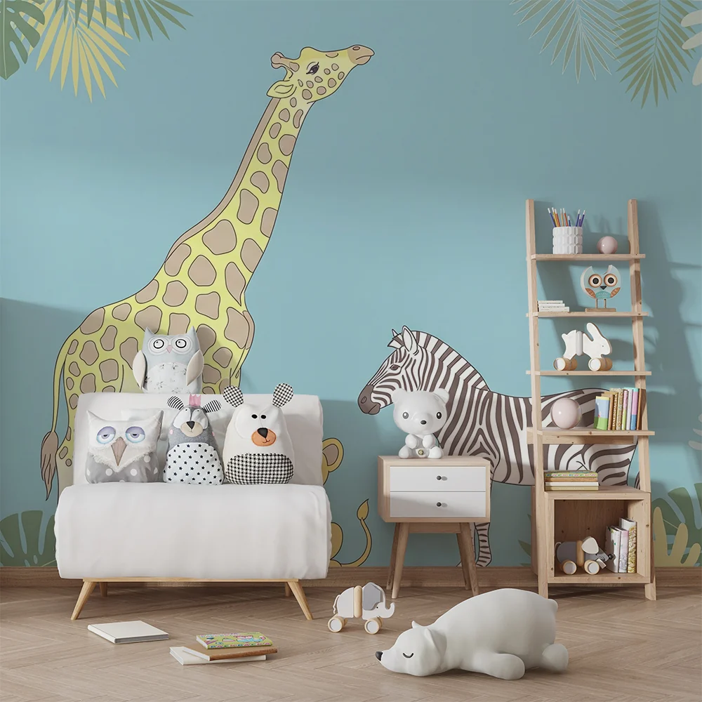 Nursery room wallpaper | Szavanna állatok giraffal, oroszlánkölyökkel és zebrával