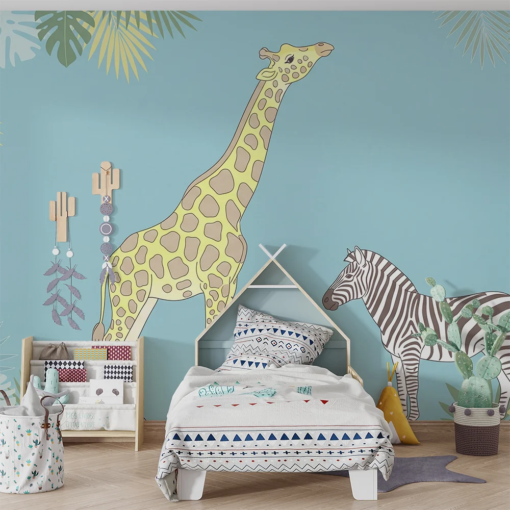 Nursery room wallpaper | Szavanna állatok giraffal, oroszlánkölyökkel és zebrával