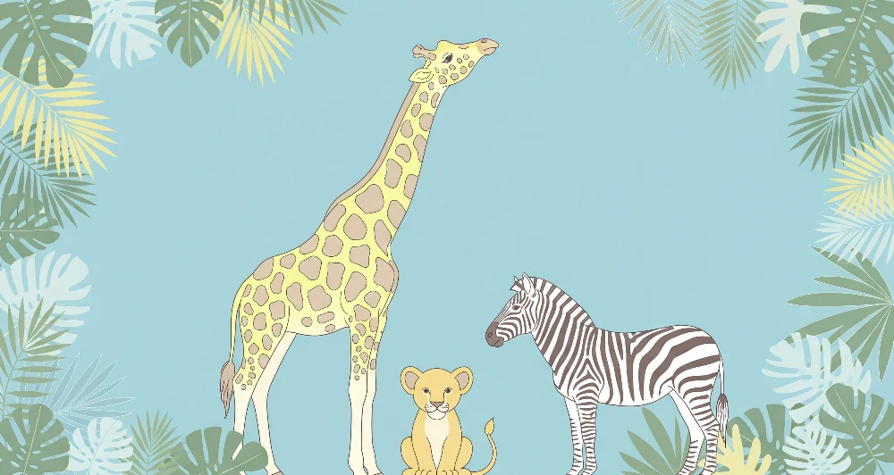 Nursery room wallpaper | Szavanna állatok giraffal, oroszlánkölyökkel és zebrával