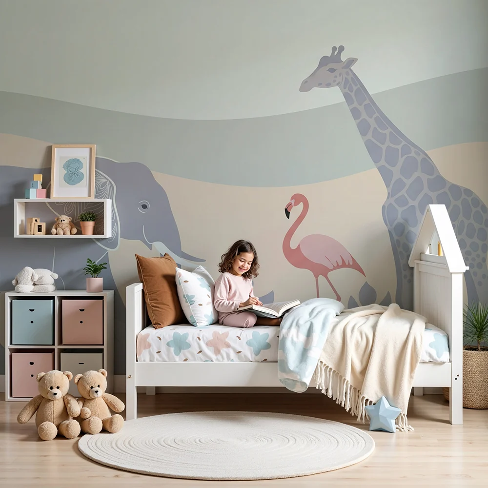 Nursery room wallpaper | Szavannai állatok elefánttal, rózsaszín flamingóval és zsiráfokkal