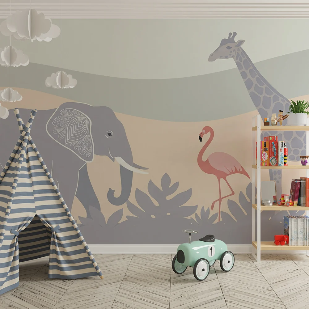 Nursery room wallpaper | Szavannai állatok elefánttal, rózsaszín flamingóval és zsiráfokkal