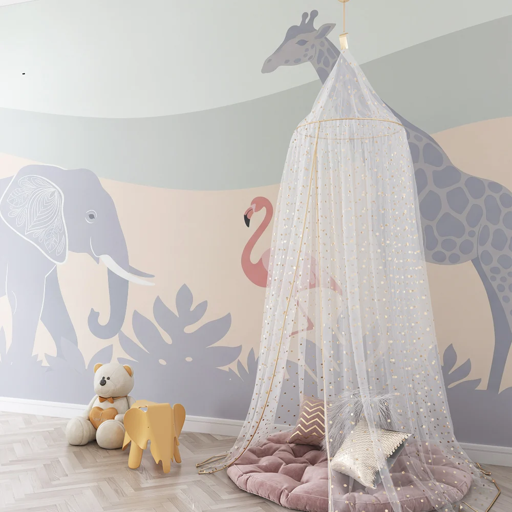 Nursery room wallpaper | Szavannai állatok elefánttal, rózsaszín flamingóval és zsiráfokkal
