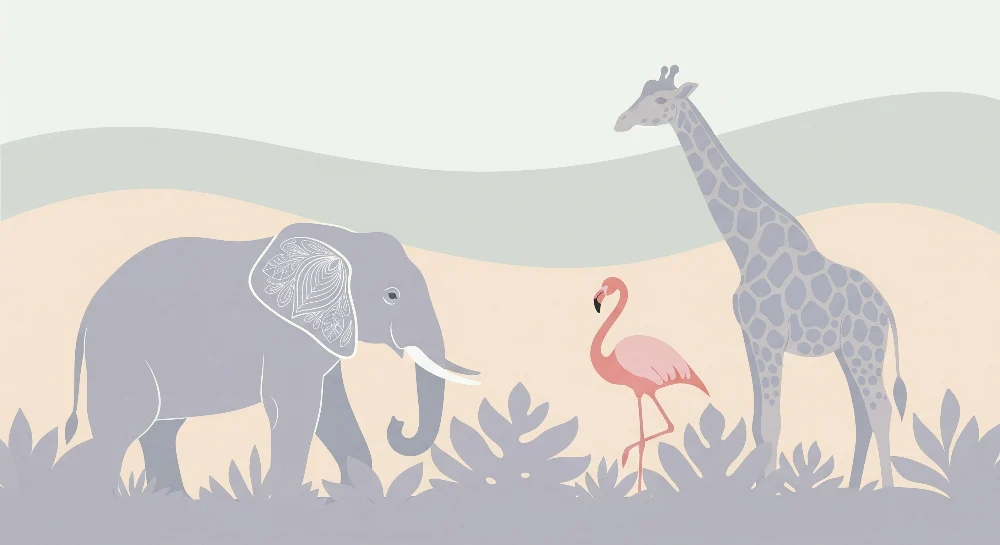 Nursery room wallpaper | Szavannai állatok elefánttal, rózsaszín flamingóval és zsiráfokkal