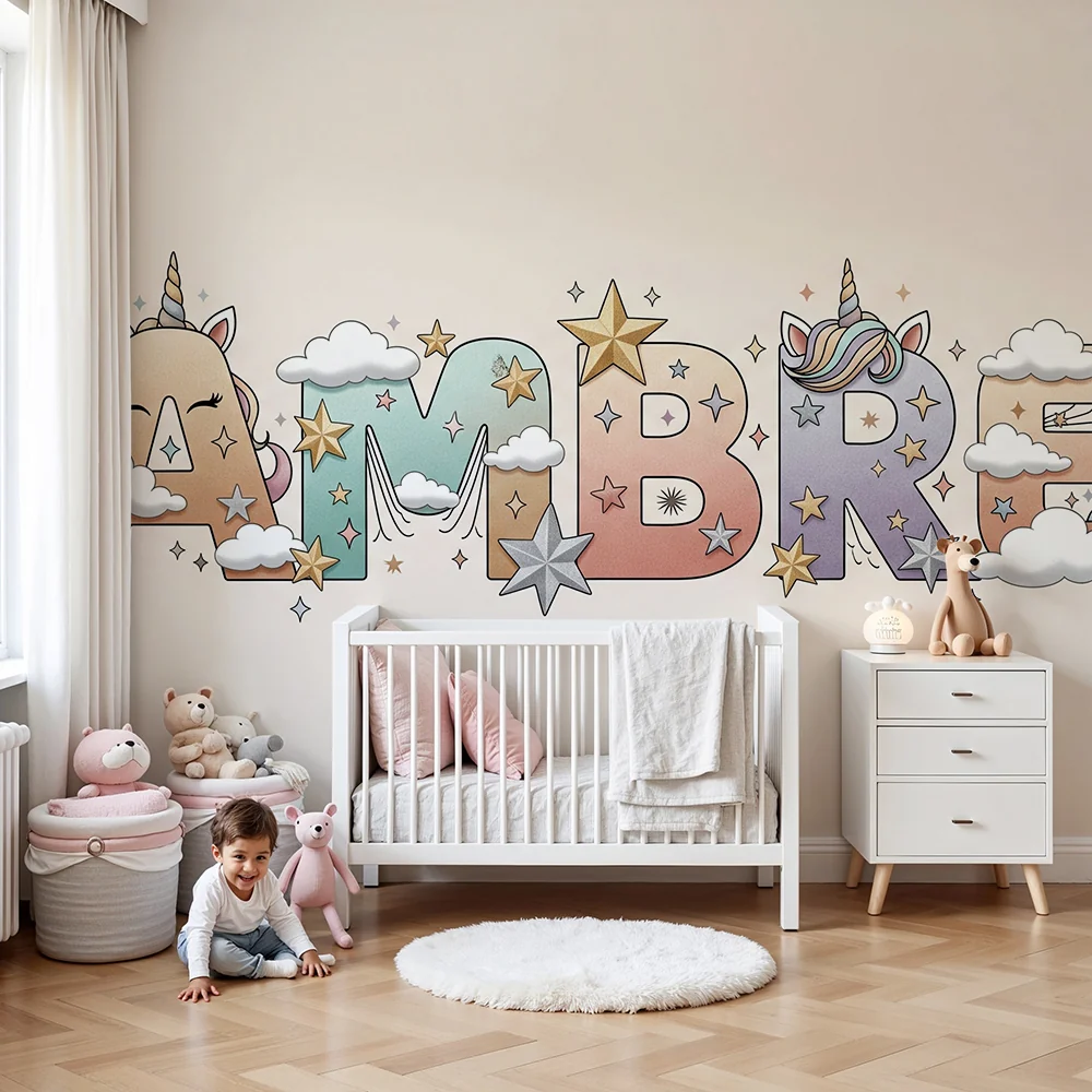 Nursery room wallpaper | Színes betűkkel, egyszarvúval és csillogó csillagokkal