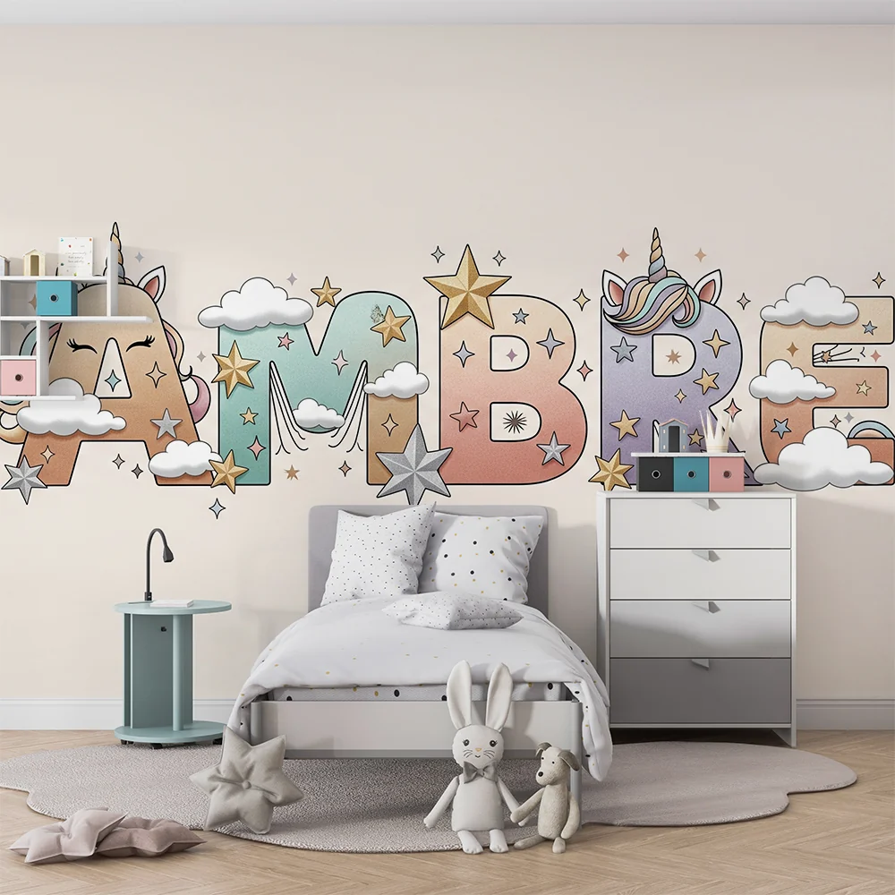 Nursery room wallpaper | Színes betűkkel, egyszarvúval és csillogó csillagokkal