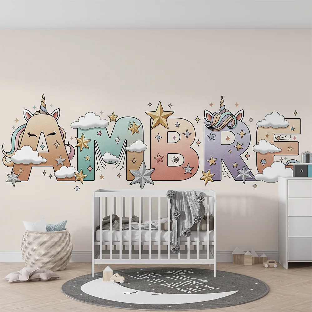 Nursery room wallpaper | Színes betűkkel, egyszarvúval és csillogó csillagokkal